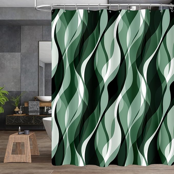 4PCS Emerald Green Bathroom Sets with Shower Curtain and Rugs, Abstract Striped Shower Curtain Sets with Rugs, Modern Bathroom Curtains Shower Set with Toilet Lid Cover