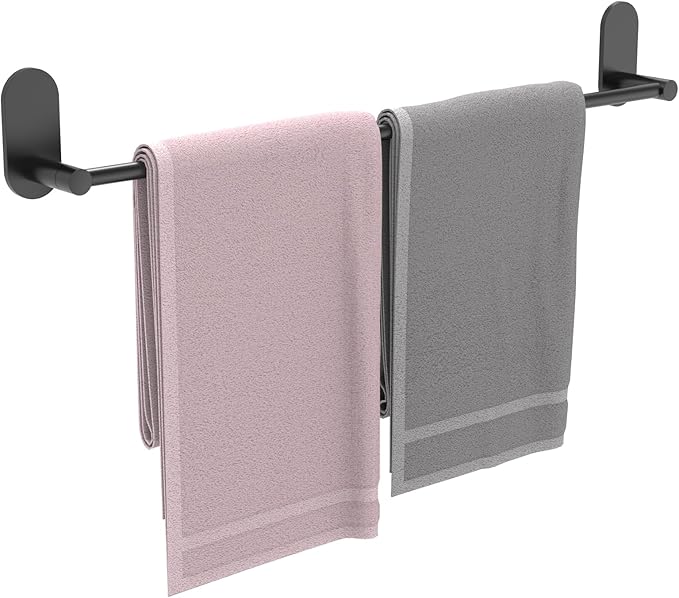 Self Adhesive Towel Bar for Bathroom 24ich Stainless Steel and Zinc Alloy No Drill Towel Rack Heavy Duty Hanger Stick On Hand Towel Holder for Kitchen, Cabinet, Door, Shower, Matte Black
