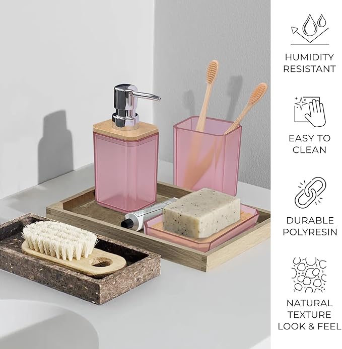 CERBIOR Bathroom Accessories Set 7 Piece Bath Ensemble Includes Soap Dispenser, Toothbrush Holder, Toothbrush Cup, Soap Dish for Decorative Countertop and Housewarming Gift (Pink)