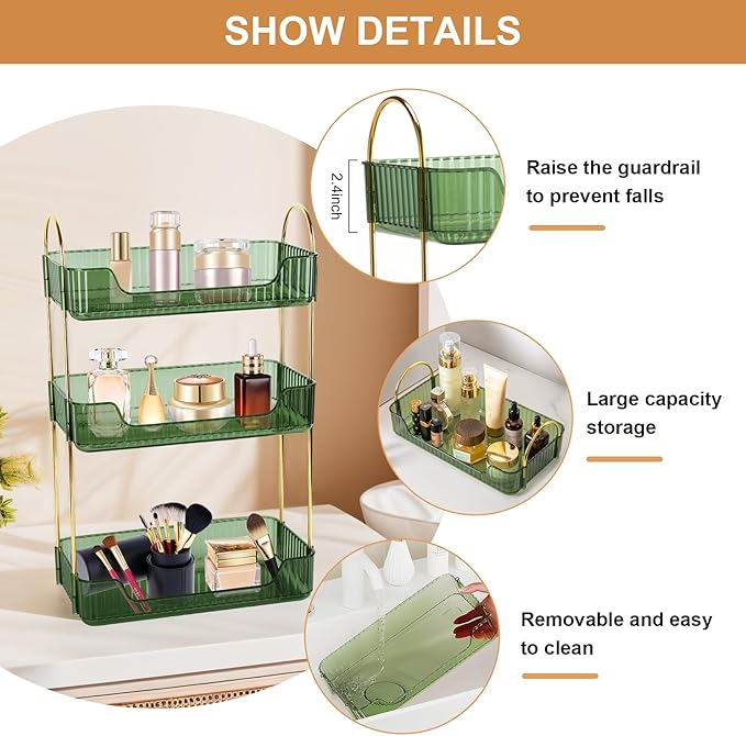 3-Tier Vintage Makeup Organizer Countertop for Vanity, Detachable Makeup Holder, Exquisite Ribbed Bathroom Counter Storage, Stackable Cosmetic Jewelry Perfume Skincare Green Shelf, Easy to Clean