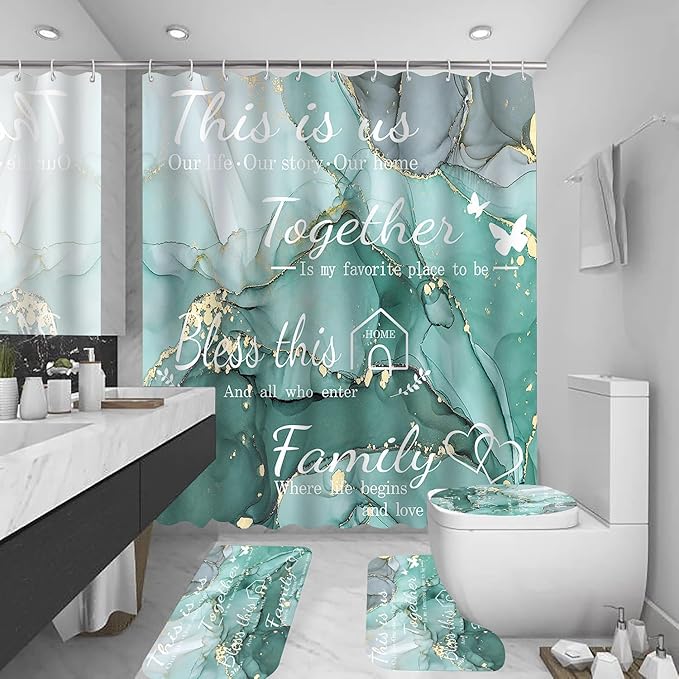 juwute 4Pcs Family Marble Shower Curtain Sets with Rugs,Green Home Inspirational Bathroom Decor Set, Bathroom Sets with Shower Curtain and Rugs, Waterproof Bathroom Shower Curtains, with 12 Hooks