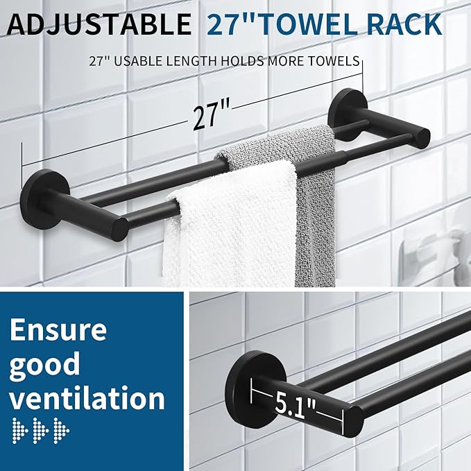 RUMOSE Bath Towel Bar 15 to 27 Inch Black Retractable Double Tower Holder Hanger Expandable Bathroom Bathroom Accessories Tower Racks