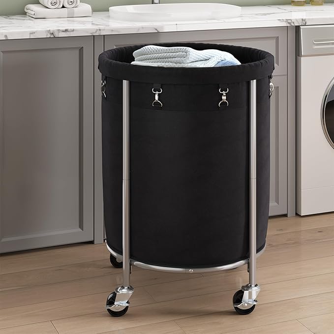 ELYKEN 190L Laundry Basket with Wheels, Large Rolling Laundry Hamper with Removable Liner Bag, Round Rolling Laundry Cart, Dirty Clothes Hamper for Hotel, Home, Closet, Dorm, Black