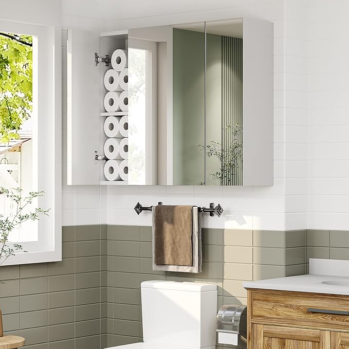 DICTAC Medicine Cabinet with Mirror & Storage - 27.6x23.6in Wall Mounted Cabinet with 3 Doors & Adjustable Shelves for Bathroom, Living Room, Kitchen - White
