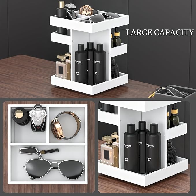 Cologne Organizer for Men Women, Large Capacity Wood Perfume Shelf with Rotate Makeup Organizer Bathroom Vanity Countertop Storage