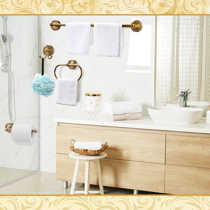 4 Pcs Antique Brass Gold Bathroom Accessories Set Wall-Mounted Towel Rack & Towel Ring & Toilet Paper Holder & Robe Hook, Wall Mounted Brass Vintage Bath Hardware Fixture Set(Style 1)