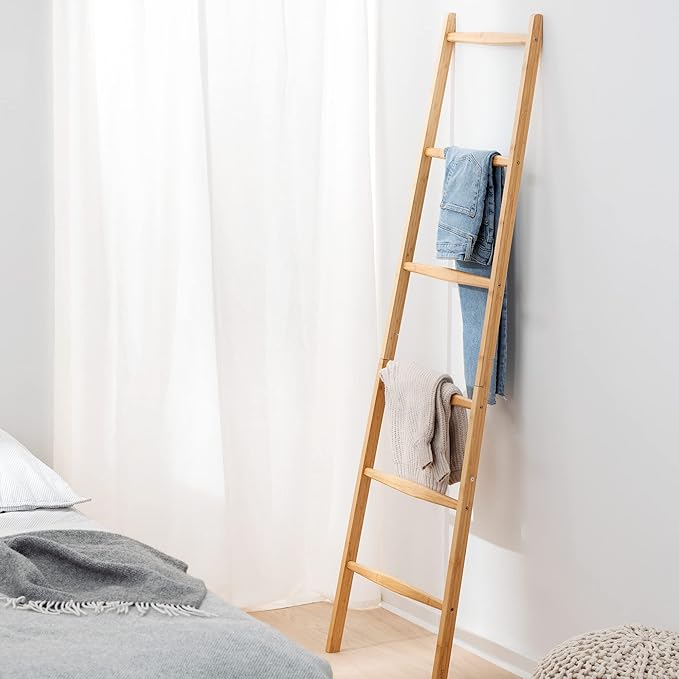 Navaris Bamboo Towel Ladder - Wooden Rack Rail Blanket, Towel, Clothes, Linen Railing Hanger for Bathroom, Bedroom - Bamboo Wood Towel Holder Stand