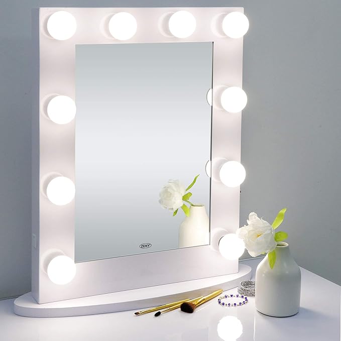 ZENY Makeup Mirror Vanity Mirror with Lights, Tabletop Hollywood Mirror with 10 Replaceable Bulbs, Bedroom Mirrors for Vanity, 4-Color Lights, Metal Frame, 25.6''x20'' White Lighted Mirror