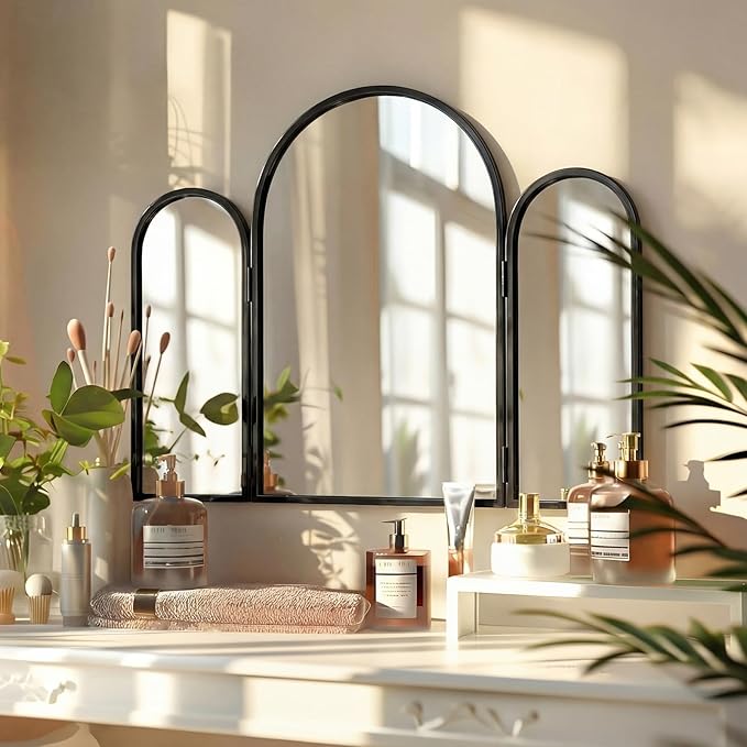 Wonderjune Trifold Vanity Mirrors 3 Way, 30 x 37 in Adjustable Arch Trifold Mirror for Bathroom Bedroom, Decorative Folding 3 Sided Mirror Wall Mounted for Braiding Hair Makeup (Black)