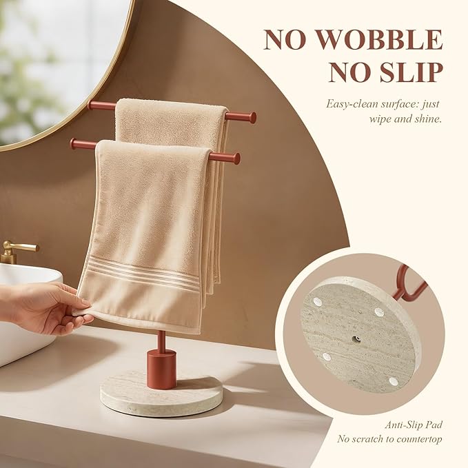 Towel Holder Stand with Natural Travertine Base Stainless Steel Hand Towel Holder Rack for Bathroom Countertop Unique Free Standing Towel Bar Holds 2 Towels for Kitchen Countertop (Reddish-Brown)
