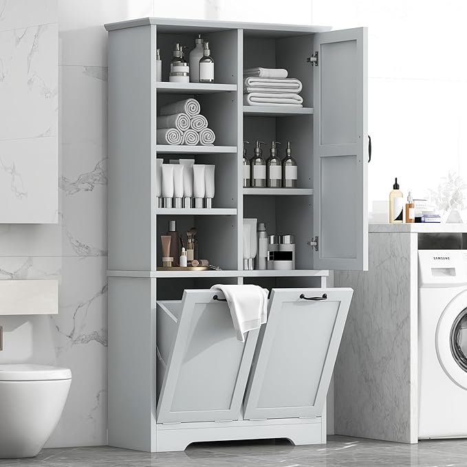Virubi Tall Laundry Cabinet with 2 Tilt Out Laundry Hampers, Wood Bathroom Storage Cabinet with Doors and Adjustable Shelves, for Bathroom Sotrage Organization, Freestanding, Grey