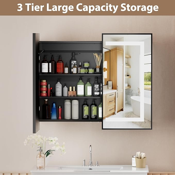LOVMOR Led Medicine Cabinet with Mirror, Bathroom Vanity Mirror Cabinet with Shelves, 3-Color Lights Dimmer, Black 32" H x 40" W