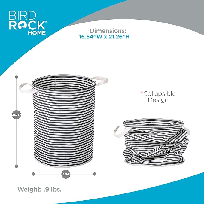 BIRDROCK HOME Collapsible Single Round Laundry Hamper Basket - Grey & White Stripes Bin - Compact Dirty Clothes Organizer Bag