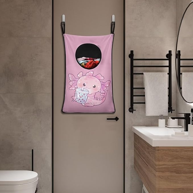 ZOUTAIRONG Cute Axolotl Women Hanging Hampers for Laundry Over The Door Laundry Hamper Dirty Clothes Storage Laundry Baskets Space Saving Hamper Afro Black Girl Organizers Home Decor