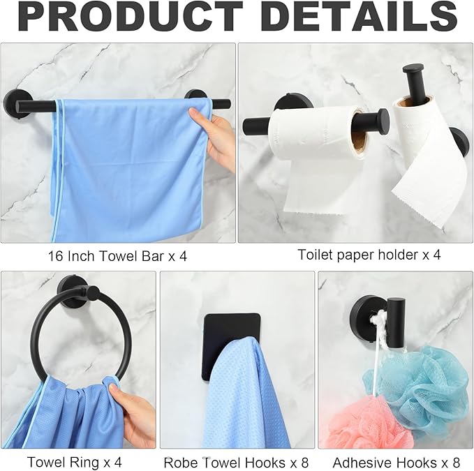 Blulu 28 Pcs Bathroom Hardware Set Stainless Steel Bathroom Accessories Set, Including 16'' Bath Towel Bar, Towel Rings, Robe Hooks, Toilet Paper Holders, Wall Mounted (Matte Black)
