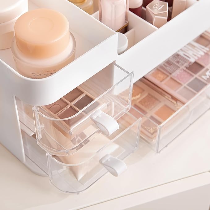 HBlife Makeup Organizer for Vanity Bathroom Organizer Large Skincare Organizers with 3 Drawers Makeup Organizers and Storage Cosmetic Storage, White