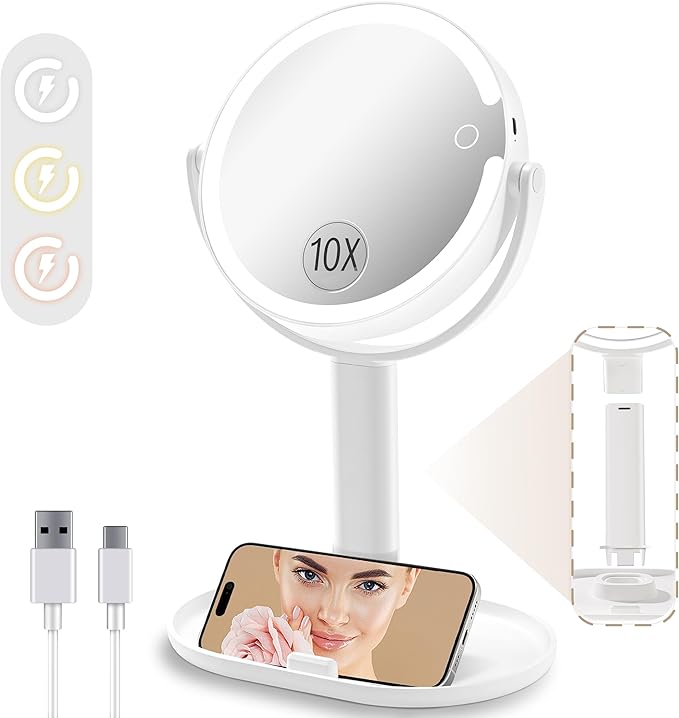 vpu Vanity Makeup Mirror with Lights, 10X/1X Double Sided Magnifying Light up Desk Mirror with Stand Cosmetic Organizer, 3 Color Brightness Adjustable 360° Rotation Detachable for Travel