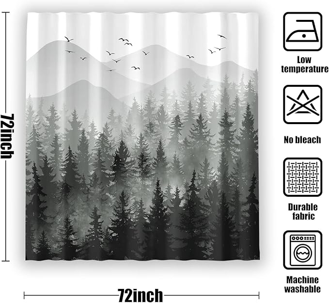Accnicc Black and White Misty Forest Shower Curtain Ombre Dark Gray Mountain Pine Tree Waterproof Fabric Shower Curtains for Bathroom Grey Nature Woodland Decorative Bath Curtain Decor 72×72 Inches