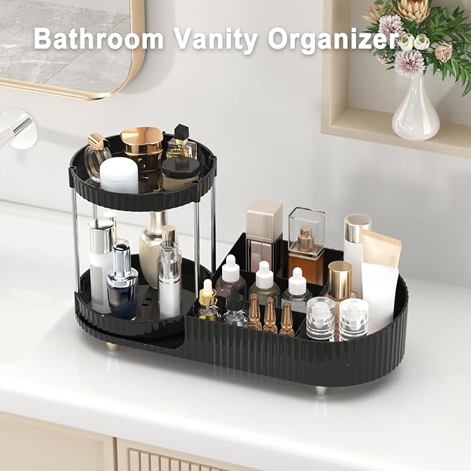 Makeup Organizer Countertop with Partition Slot for Vanity, Plastic Vanity Storage, 2-in-1 Large Desk Makeup and Skincare Organizers with Perfume Tray for Cosmetics Bathroom