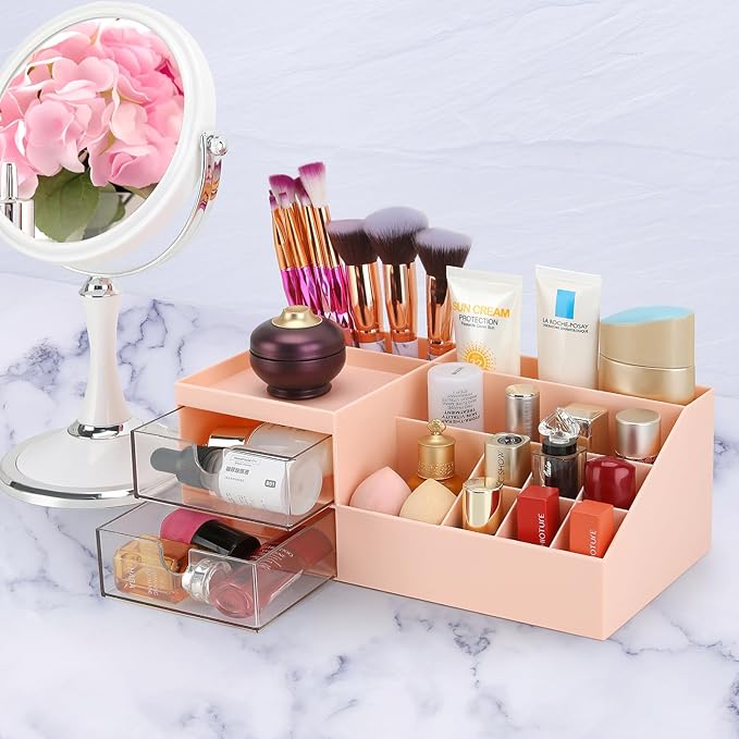 LETURE Desk Organizer, Cosmetic Makeup Vanity Organizer Box, Bathroom Counter Makeup Storage for Eyeshadows, Skin Care, Concealers, Powders, Nail Polish (Pink Color)