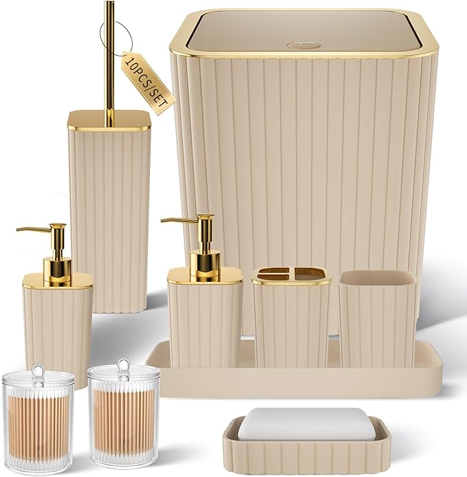 XLHOMO Bathroom Accessories Set - Gorgeous Bathroom Set, 10PC Beige Bathroom Accessory Set, Toilet Brush, Trash Can & Soap Dispenser