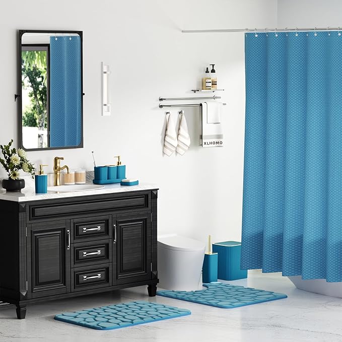 XLHOMO Bathroom Accessory Set - 25PC Teal Bathroom Set, Bathroom Set with Shower Curtain and Rugs, Bathroom Accessories Set, Shower Curtain Set, Trash Can & Soap Dispenser