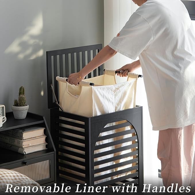 Laundry Hamper with Lid,Bamboo Large Waterproof Clothes Laundry Basket,Removable Washing Bags with Handles,clothes basket (Black)