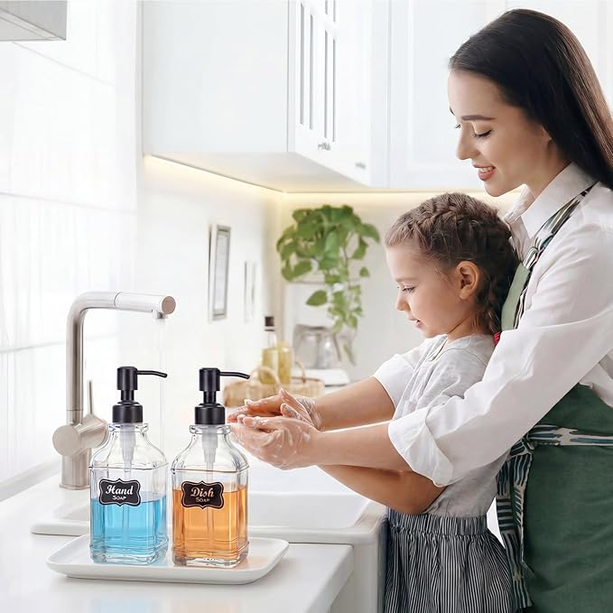 JASAI 2Pack Glass Soap Dispenser with Black Rust Proof Pump, Refillable Dish Soap Dispenser with for Kitchen and Bathroom.
