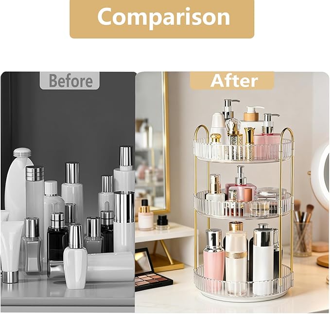 360° Rotating Makeup Organizer, 3 Tier Large Capacity Perfume Storage, Spinning Cosmetic Holder for Vanity Dresser, Skincare Display Stand for Bathroom Countertop