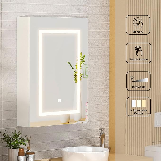 Lighted Medicine Cabinet with Mirror,Led Medicine Cabinets Wall Mounted, Memory 3-Color Mode, Dimmer,Surface Mount Bathroom Medicine Cabinet Mirror,20x28Inch