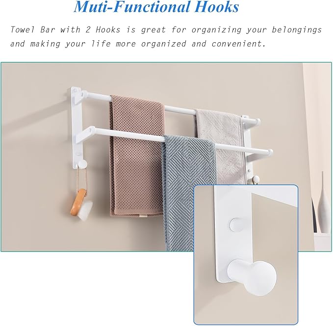 White Double Towel Rack with Hooks, 24 Inch Stainless Steel Towel Rails, Wall Mounted Bathroom Towel Holder