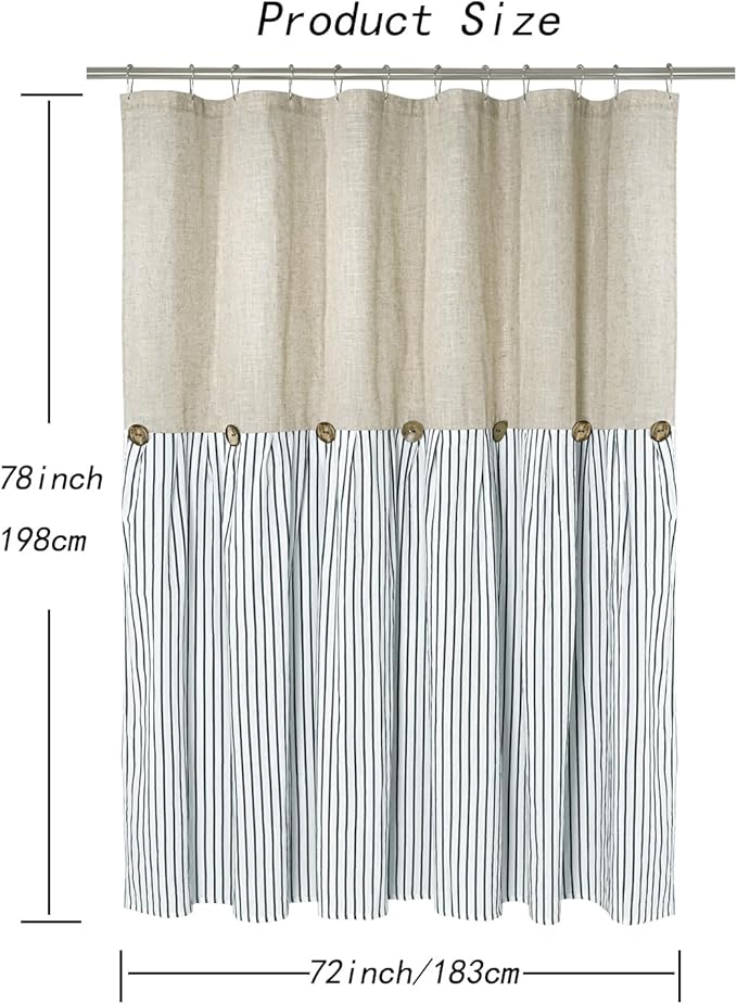 Farmhouse Shower Curtain,Beige and Blue Stripe,Button Curtain,Linen and Cotton Woven Fabric,Rustic Charm Country Chic Style,72x78 in