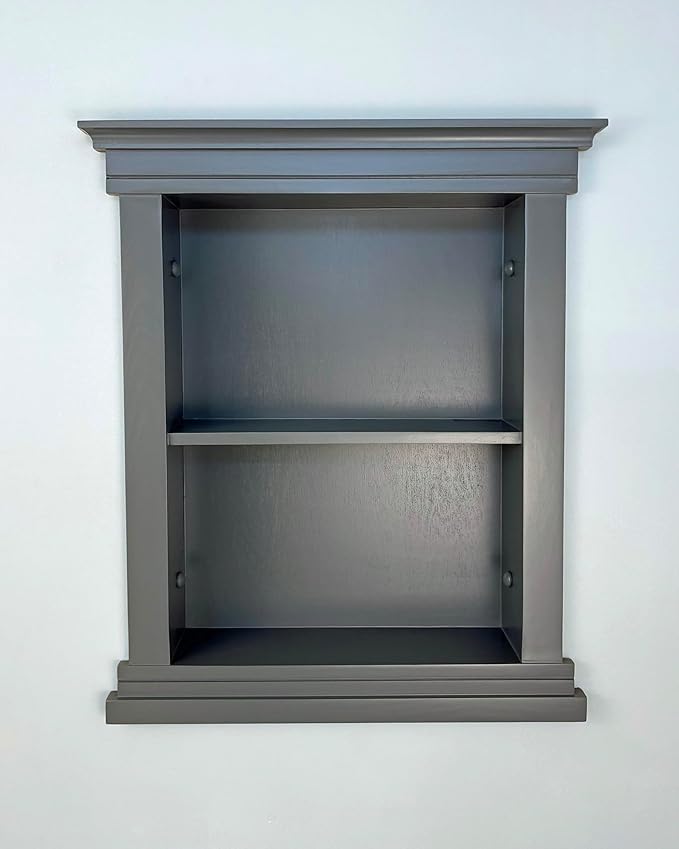 Fox Hollow Furnishings 14x18 Elliot Craftsman Recessed Wood Wall Niche, Open Medicine Cabinet Replacement, in The Wall Bathroom Cabinet Insert Shelves, Made in North America, NO MDF, Plain, Dark Gray