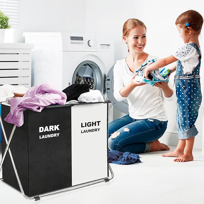 Laundry Cloth Hamper Sorter Basket Bin Foldable 2 Sections with stainless steel Frame Washing Storage Dirty Clothes Bag for Bathroom Bedroom Home Storage Basket (Black+white, 2 Sections)