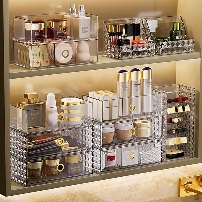MORNITE 2-Tier Stackable Medicine Cabinet Organizer Drawer with Removable Dividers, Clear Plastic Bathroom Storage Drawers for Vanity, Countertop, Wall Cabinet Home Organization