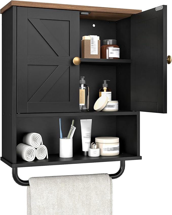 CHOEZON Bathroom Wall Cabinet, Medicine Cabinet with Open Partition and Towel Bar, Rustic Storage Cabinet with Open and Hidden Storage Space, for Bathroom, Living Room, Kitchen, Black and Walnut