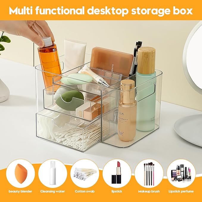 Hair Accessories Organizer for Girls & Women, 2-Drawer Clear Plastic Hair Brush Holder with 3 Compartments, Vanity Countertop Makeup Organizer for Hair Ties, Clips & Bobby Pins
