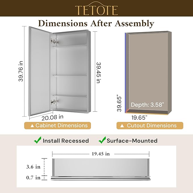 TETOTE 20 x 40 Bathroom Mirror with Storage with Tempered Beveled MirrorSilverMedicine Cabinet Aluminum Cabinet DTC Hinges, Stepless Adjustable Shelves, Recessed/Surface-Mounted