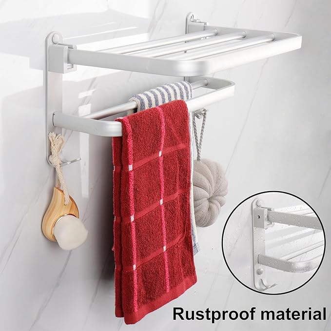 TocTen Towel Rack for Bathroom, Foldable Towel Holder with Double Towel Bars, Wall Mounted Premium Aluminum Bathroom Tower Shelf, Space-Saving Towel Hanger for Bathroom, Lavatory (Silver,16 in)