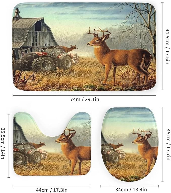 Vintage Deer Western Country Shower Curtain Sets with Rugs 4 Piece Accessories Bathroom Curtains Shower Set Include Shower Curtain Non-Slip Rug Toilet Lid Cover Bath Mat One Size