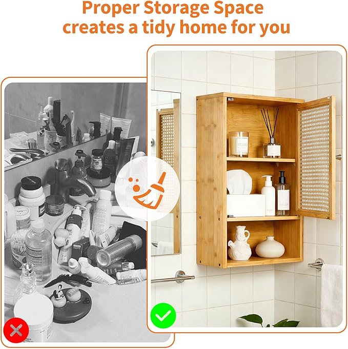 Bathroom Wall Cabinet, Bamboo Medicine Cabinet with Rattan Doors, Adjustable Shelf, Wall Mounted Storage Cabinet for Bathroom, Kitchen, Laundry Room Natural