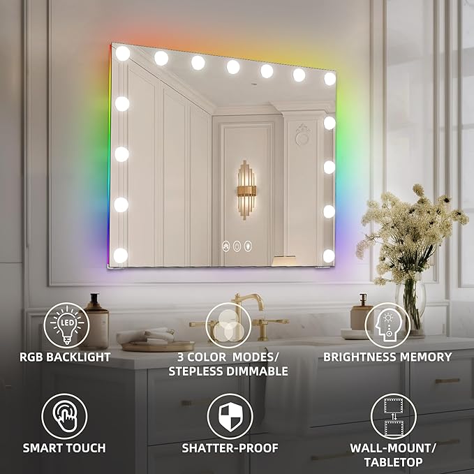 Hansong RGB Vanity Mirror with Lights 23" x 18" LED Hollywood Mirror Makeup Mirror with 15 Dimmable Bulbs and 10X Magnification 3 Colors Modes Touch Control