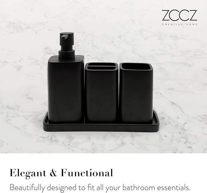 ZCCZ Bathroom Accessory Sets, 4 Pieces Bathroom Accessories Complete Set Vanity Countertop Accessory Set, Includes Lotion Dispenser Soap Pump, Tumbler, Toothbrush Holder and Tray (Matte Black)