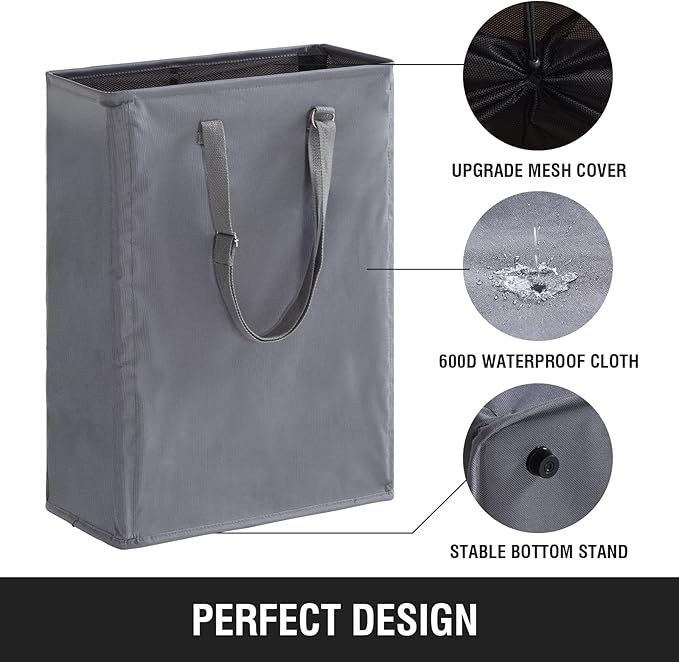 Slim Laundry Hamper with Adjustable Long Handles, 45L Small Laundry Baskets with Mesh Top, Narrow Dirty Clothes Hamper for Bedroom, Closet, and Bathroom - Grey, 2 Packs