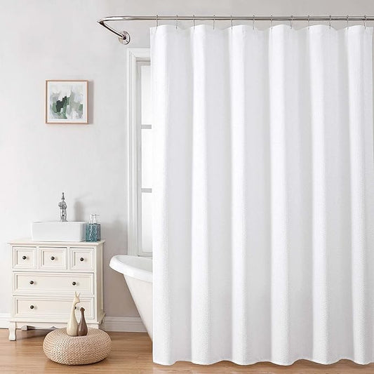 OVZME Extra Long Shower Curtain, 72x90 inch Long Embossed Textured Fabric Shower Curtains for Bathroom - Soft Cloth & Hotel Spa Luxury, Water Repellent, Machine Washable Bath Curtain, White