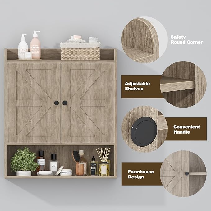 EasyCom 22" W x 26" H Bathroom Wall Cabinet, Farmhouse Medicine Cabinet with Adjustable Shelves and 2 Barn Doors, Over The Toilet Storage Cabinet for Bathroom, Kitchen, Living Room, Oak Grey