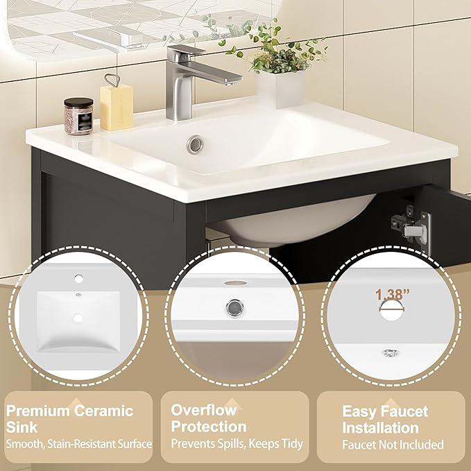 Virubi 20" Small Bathroom Vanity with Sink, Soft-Close Drawer and Door, Wood Modern Single Bathroom Sink Cabinet with Doors and Shelves, Adjustable Foot Pads, for Small Space (Black)