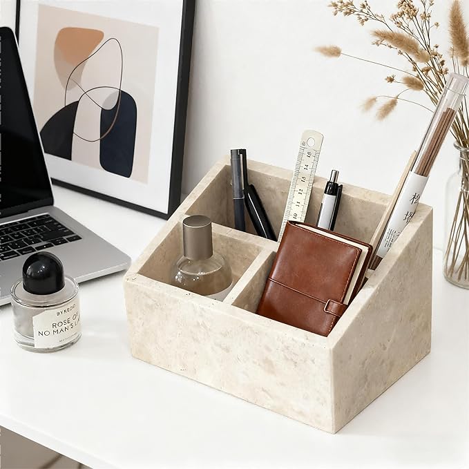 Marble Desk Organizer with 3 Compartments, White and Purple Pattern, Modern Design (Beige)