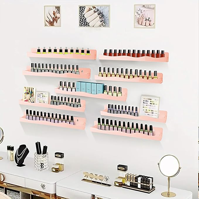 Nail Polish Wall Rack, 6-Shelf 15-Inch Light Pink Acrylic Nail Polish Shelves with Removable Ends – Multi-Purpose Shelf for Essential Oils, Cosmetics Storage and Display for Salons and Bathrooms