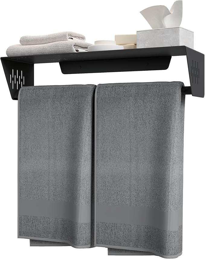 Qeke Bathroom Lavatory Towel Rack, Wall Mount Towel Holder Towel Hanger Shelf with Towel Bar, SUS 304 Stainless Steel Towel Rack for Bathroom and Lavatory, Matte Black, 18 Inch
